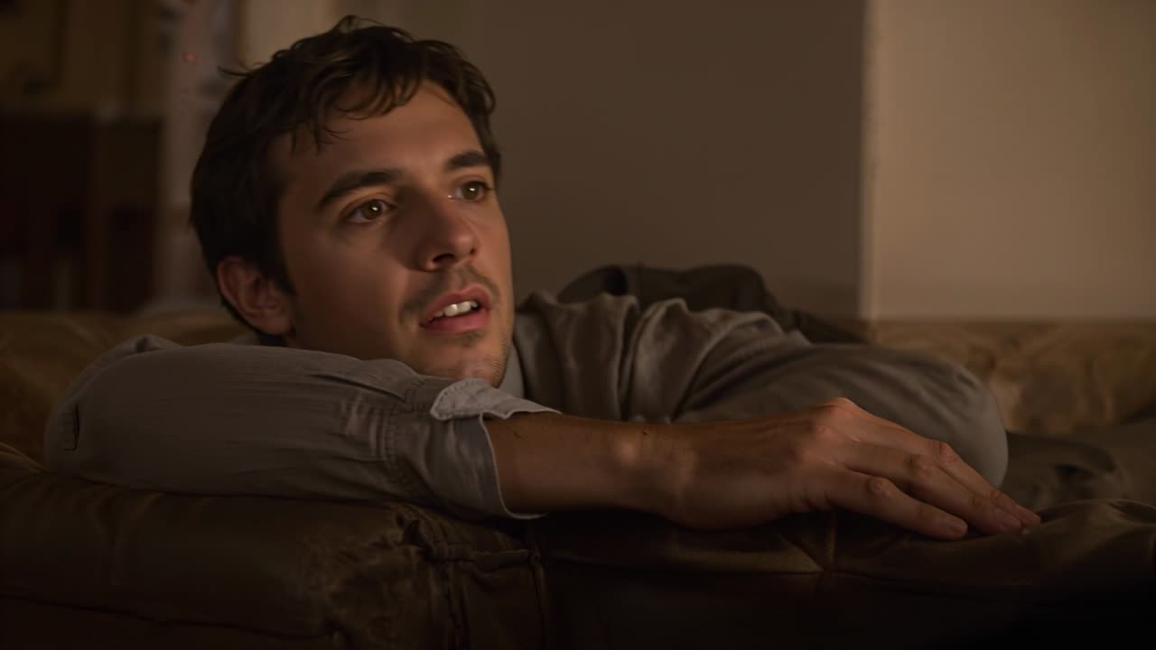Man resting on couch responding to off-camera sound, animated waveform guiding gaze in lifestyle ad