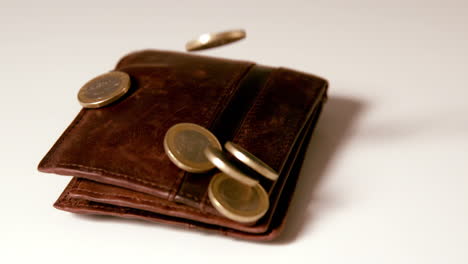 Euro-coins-falling-over-brown-leather-wallet-on-white-surface