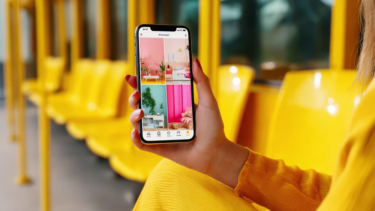 A person sitting on a vibrant yellow bench, showcasing a smartphone displaying colorful room designs in a stylish app as they explore inspiring interior decoration ideas