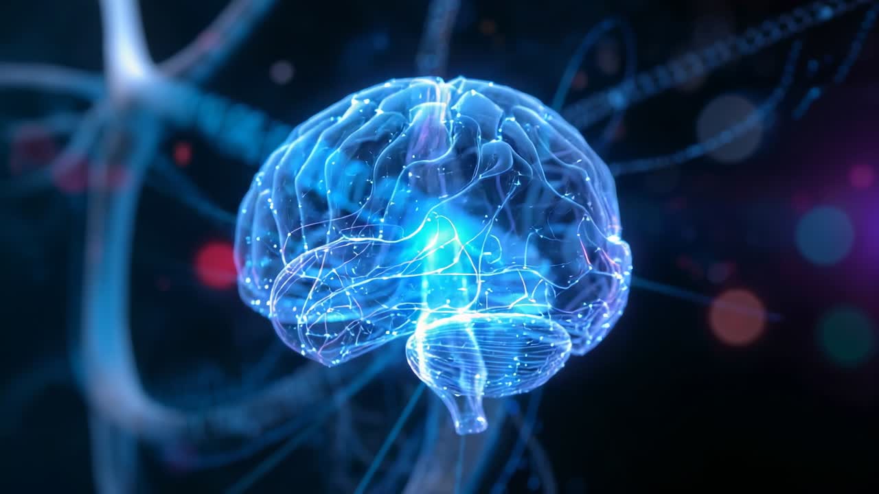 On startup rotating 3D brain model in neural simulation, pulsing glowing points, floating filaments