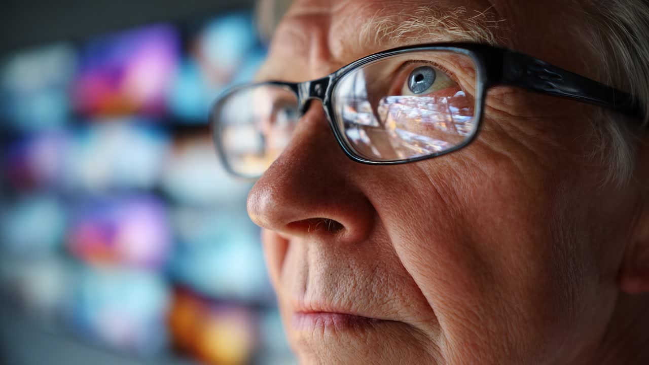 Captivating Close-Up of an Elderly Individual with Glasses, Deeply Focused on Multiple Vibrant Screens Displaying a Variety of Visual Content, Reflecting Intrigue and Curiosity Through Their Intense Gaze