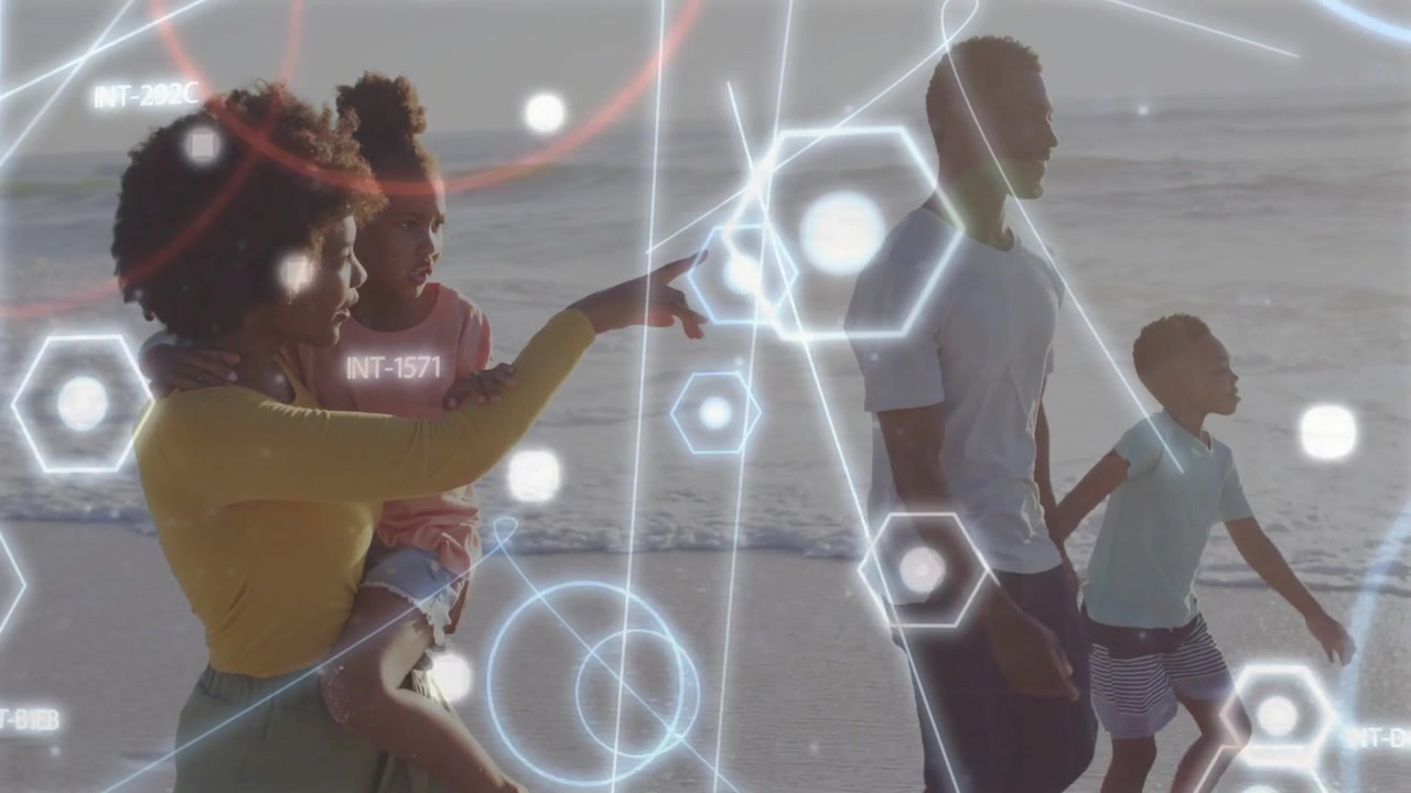 Famiglia che cammina sulla riva, padre che indica e guida l'attenzione, con una rete esagonale tecnologica che evidenzia.