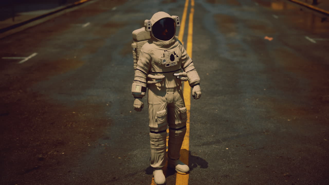 Astro explorer walks on empty road in unusual urban setting at night