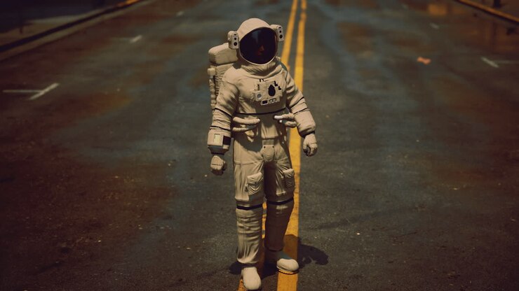 Astro explorer walks on empty road in unusual urban setting at night