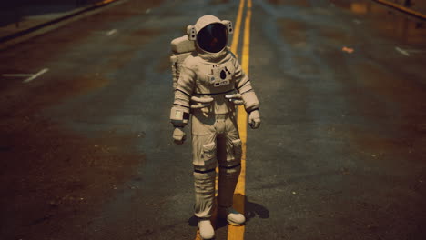 astro explorer walks on empty road in unusual urban setting at night