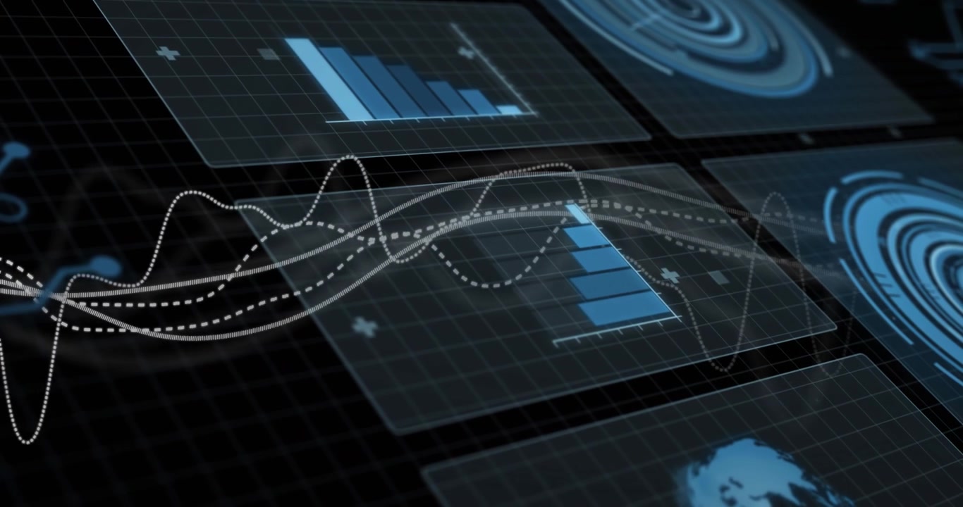 Opening grid panels showing waveforms weaving through bar chart flipping visualizing data trends