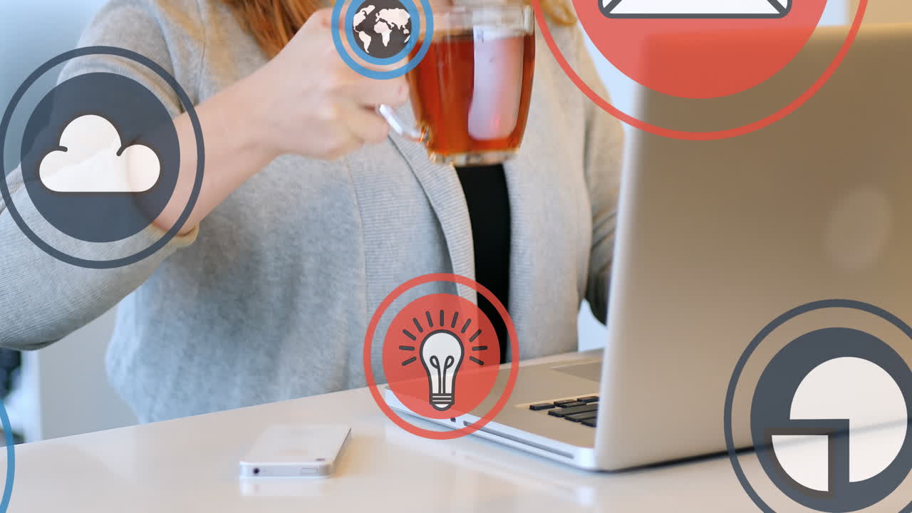 animación de una red de conexiones con iconos sobre una mujer de negocios caucásica usando una computadora portátil