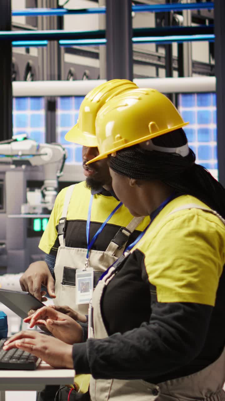 Vertical video Engineering team using PC in smart factory to oversee robotic assembly lines