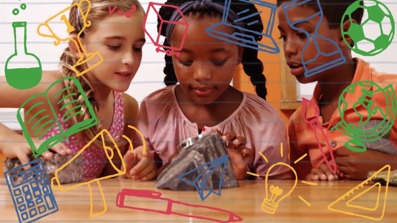 animación de iconos escolares sobre los niños de la escuela mirando la roca en la escuela