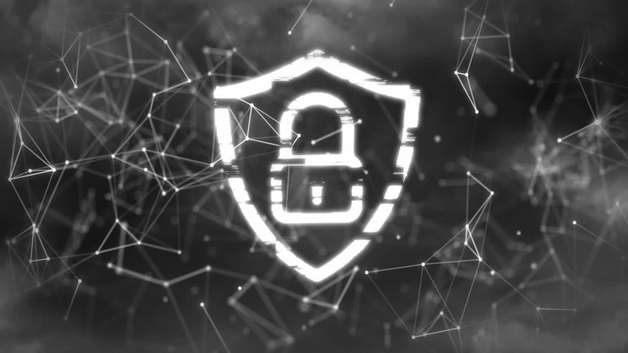 Animation of shapes and padlock in shield over storm