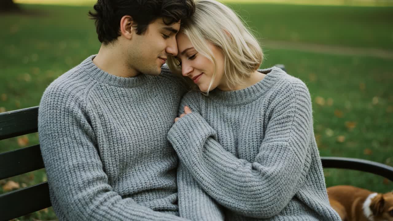 Young Couple Sharing a Tender Moment on a Park Bench