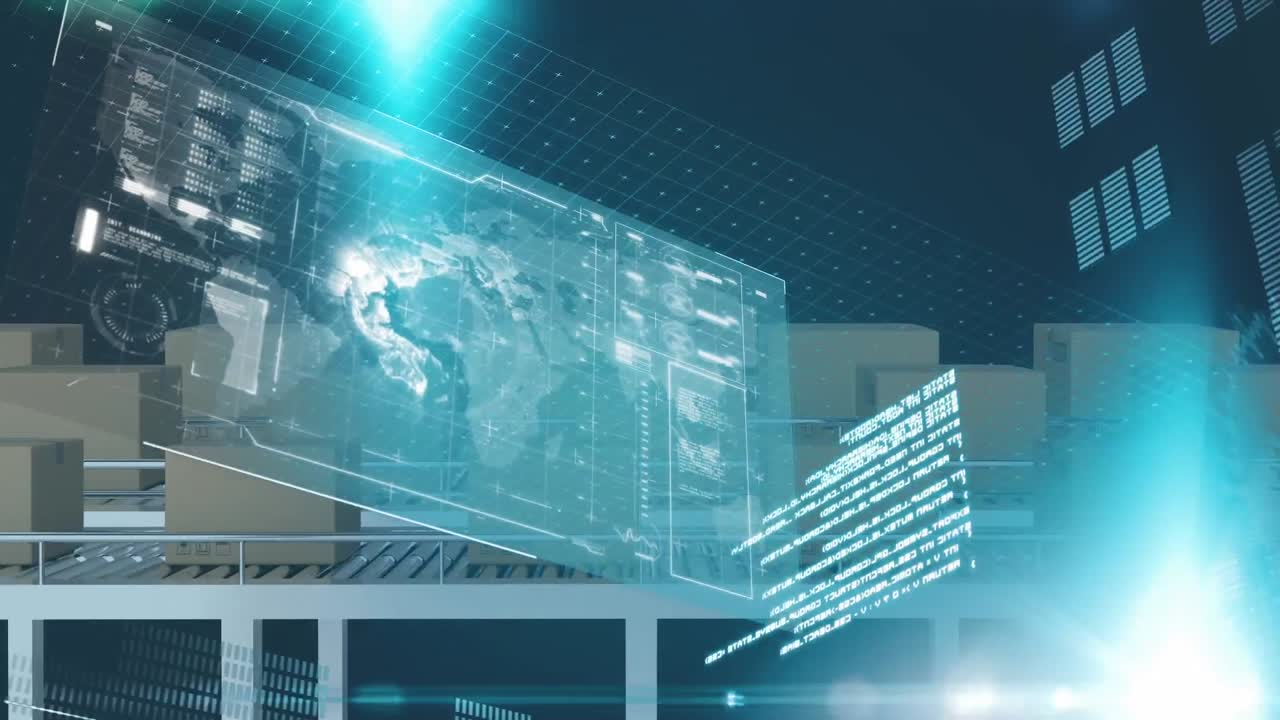 Digital interface with data processing over multiple boxes on conveyor belt against blue background