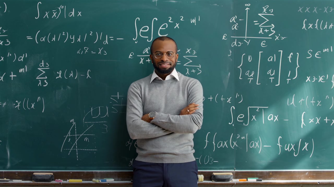 Confident African American Professor Standing in Front of a Chalkboard