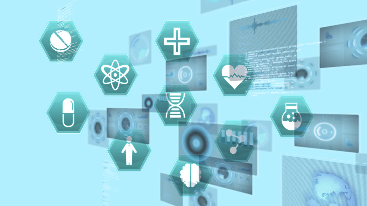 디지털 인터페이스에서 데이터 처리를 가진 의료 아이콘의 애니메이션