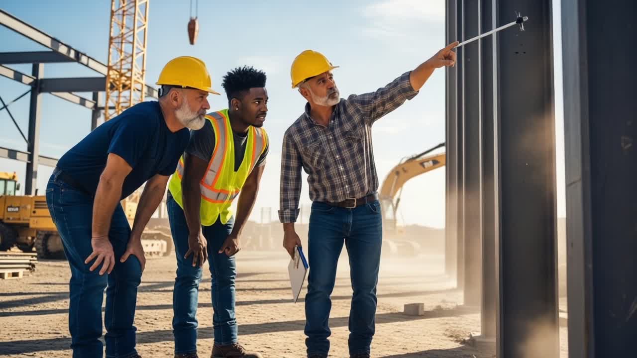 A Construction Team of Three Men Analyzes Structural Measurements at a Building Site While Discussing Progress Under the Blue Skies with Machinery in the Background