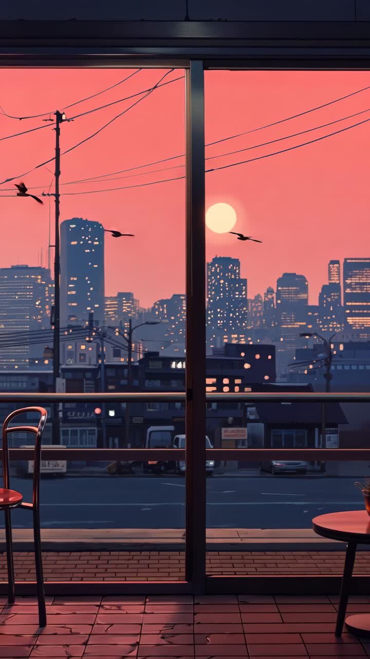 Um frame de vídeo captura uma paisagem urbana ao pôr do sol de um ângulo baixo, através da janela de um café, misturando o urbano