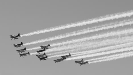 aerial display of jets in formation with smoke trails