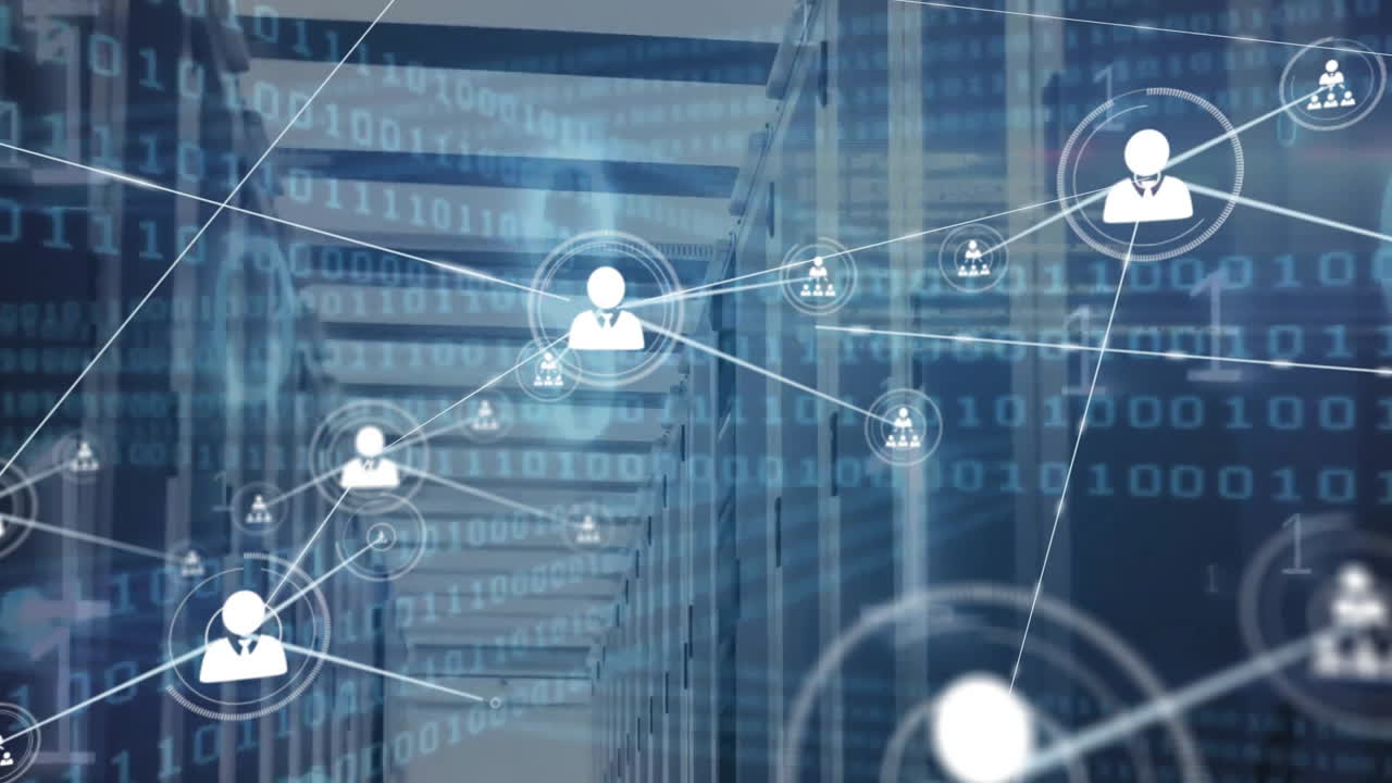 Animation of network of connections with icons and binary coding over computer servers