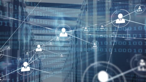 animación de la red de conexiones con iconos y codificación binaria a través de servidores informáticos
