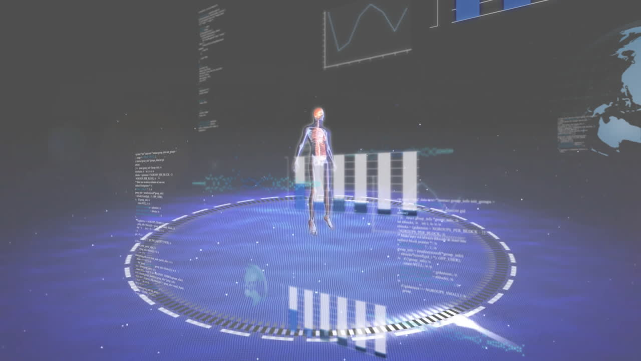 Human body with medical data and charts animation over digital blue waves