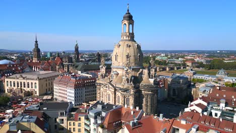 stunning aerial top view flight dresden city women church frauenkirche city town germany, summer sunny blue sky day 23