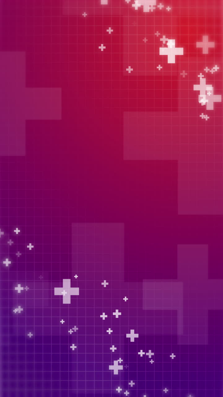 Seamless background pattern of spaced white plus symbols of different sizes and opacity. Loop animation deep purple and red background. Vertical video.