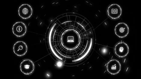animation of network of icons and digital data processing over black background
