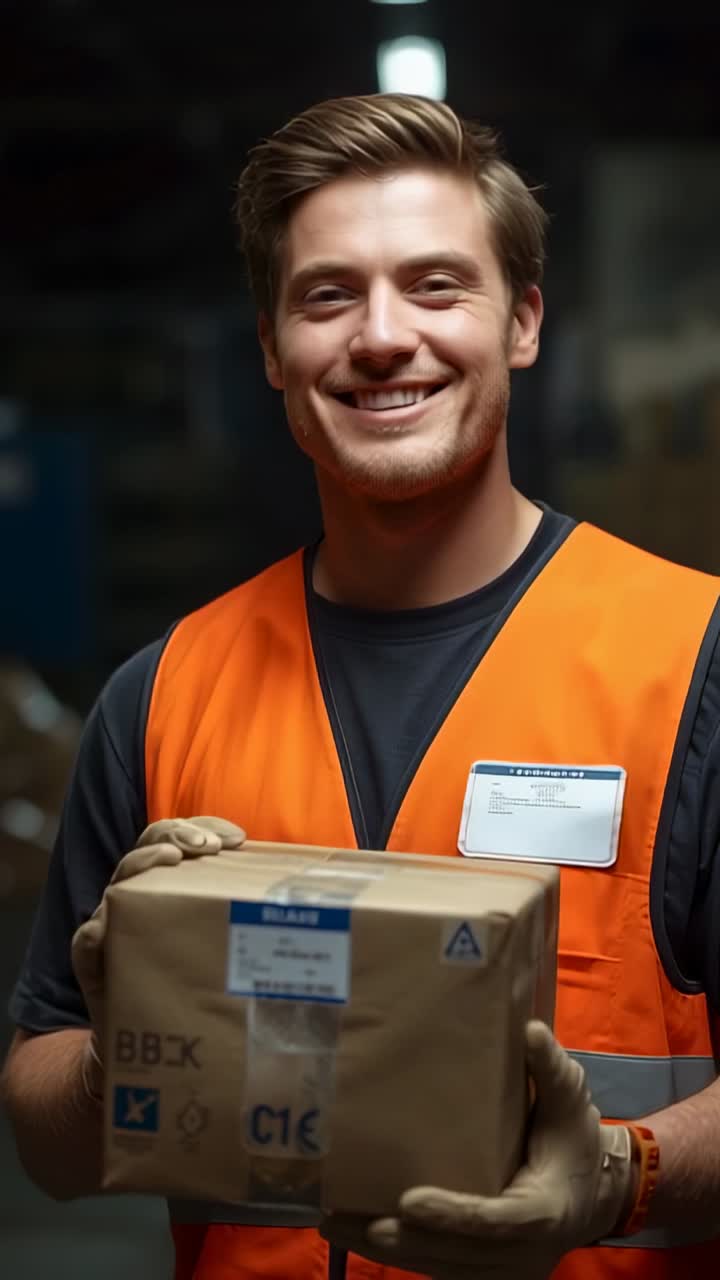 Vertical video: Worker in safety vest in aisle inspecting label looking up, smiling, presenting box