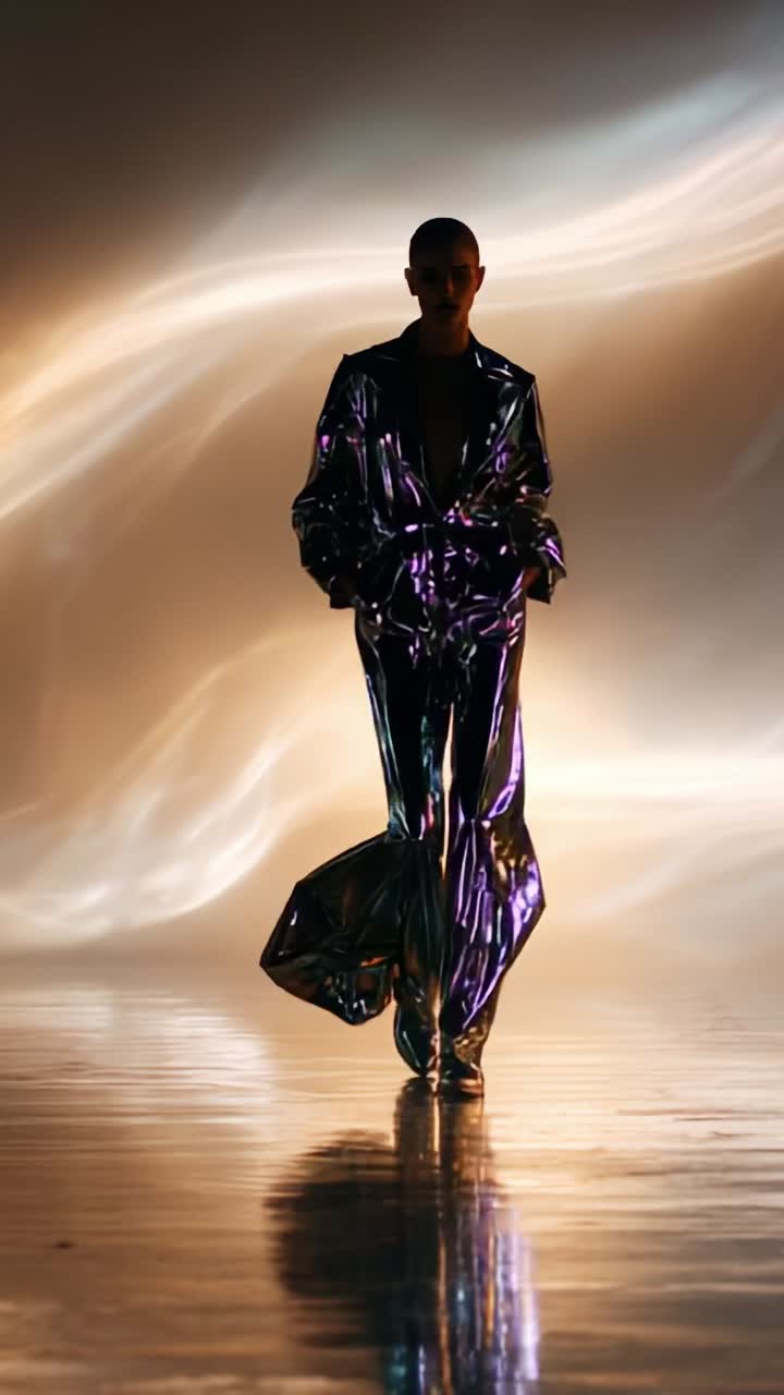 A striking silhouette of a model showcasing an avant-garde reflective outfit, set against a mesmerizing backdrop of dynamic light and color transformations