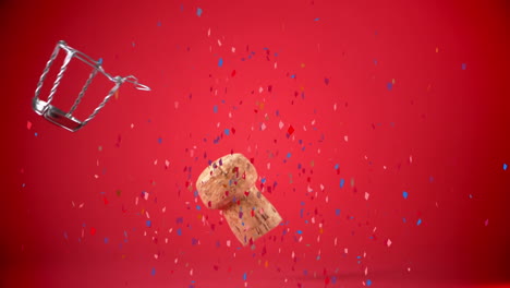 animación de confeti multicolor que cae contra el corcho de champán