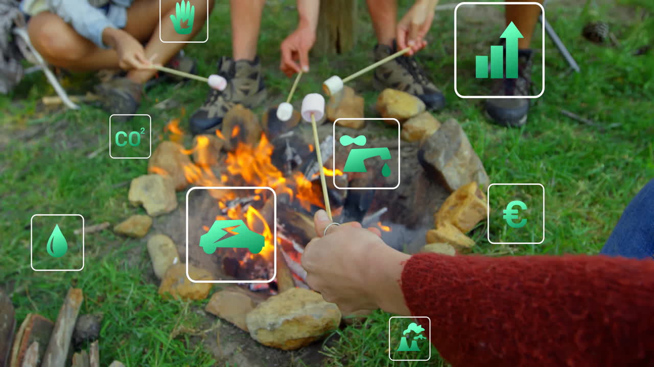 Roasting marshmallows over campfire with animation of environmental icons overlay