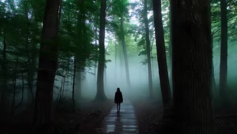 a person walking in a foggy forest