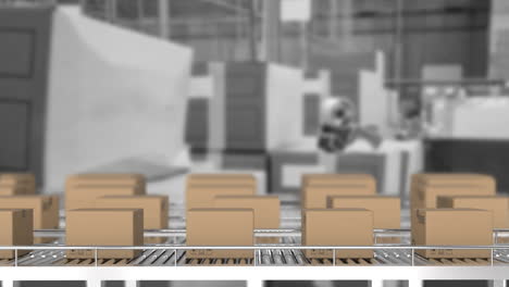 animación de cajas en cinta transportadora sobre el almacén