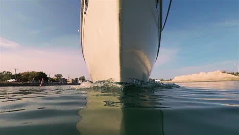 bow of the boat sailing in welland canal entrance lake erie, ontario, canada, low angle water level shot