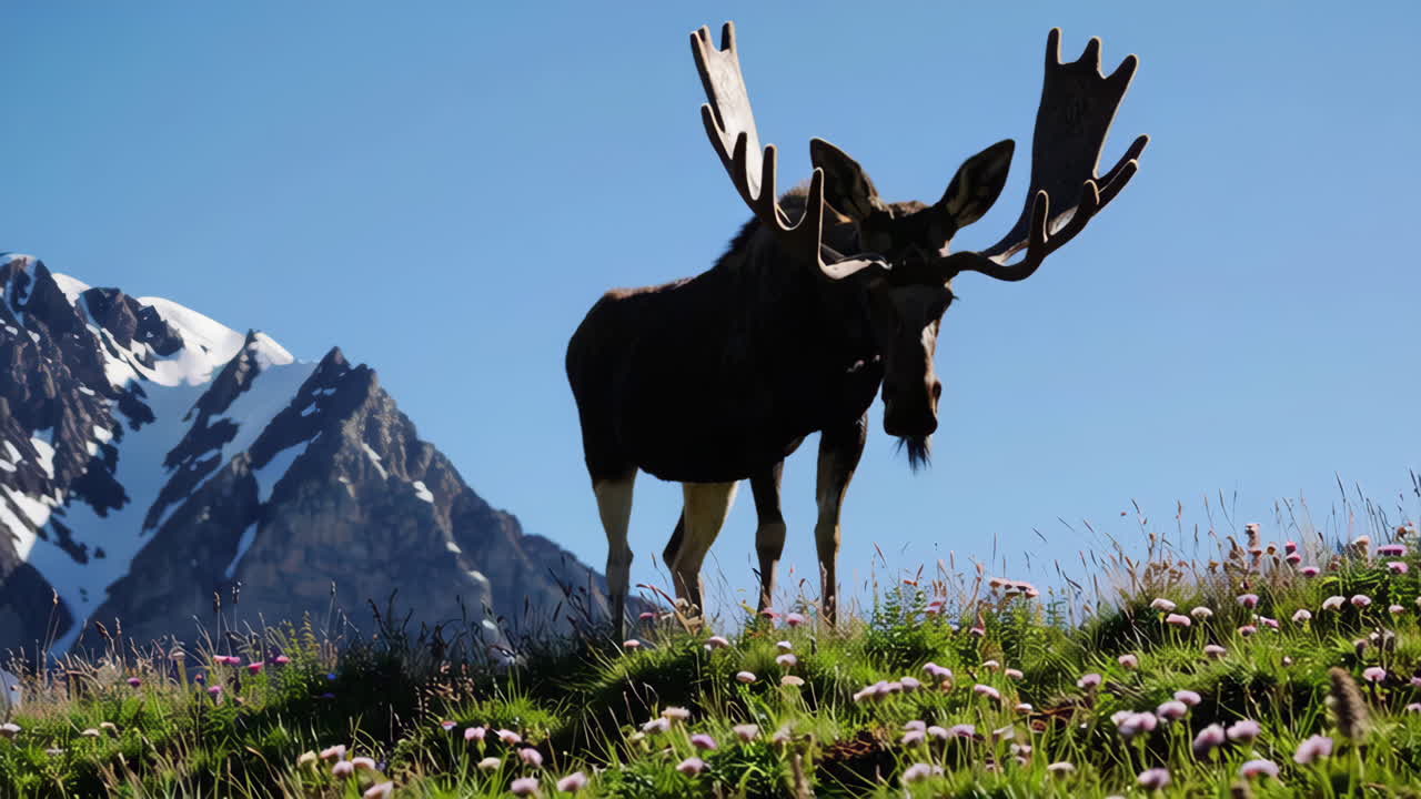 alce en el prado alpino con fondo de montaña