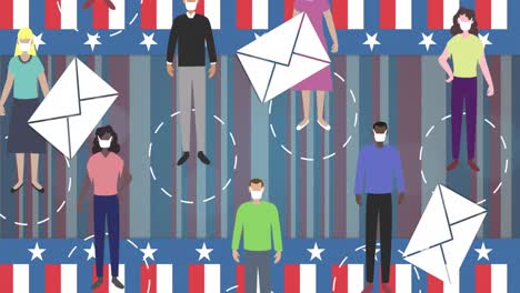Multiple-envelope-icons-falling-over-people-wearing-face-masks-against-American-flag