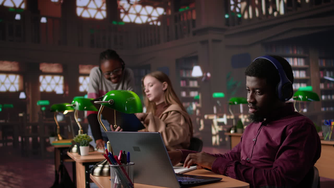 Vertical video young adult listening to study music and writing ideas for bachelor paper