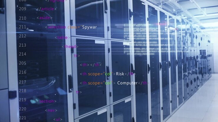 Computer code animation over server racks in data center