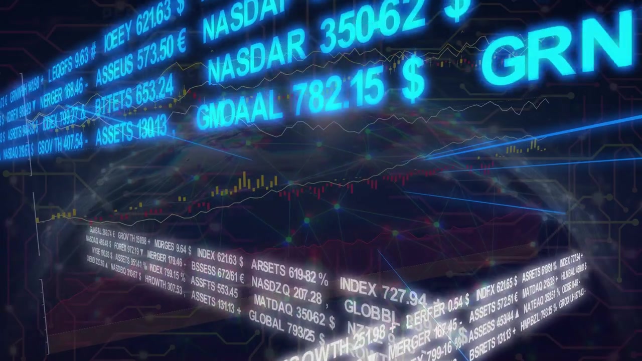Rotating 3D data cube triggered by glowing ticker band, scrolling charts visualizing market trends