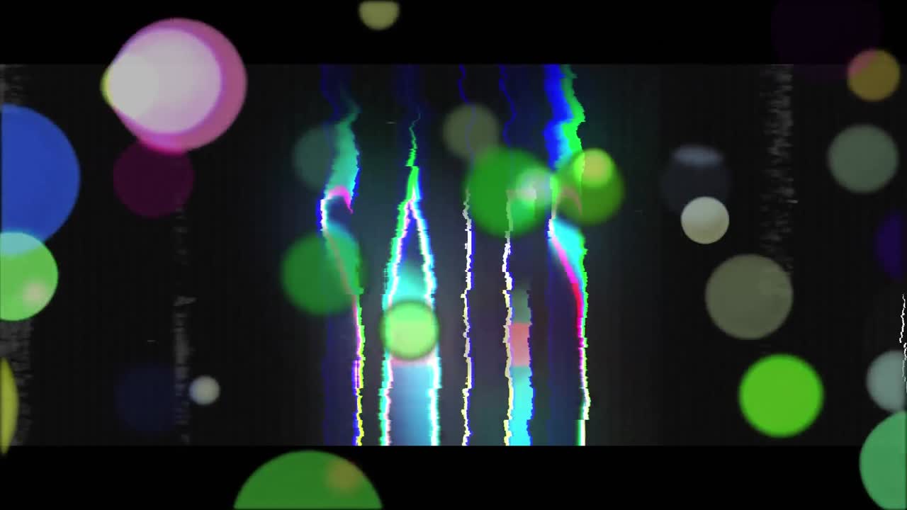 animación de ventas de texto brillante con glitch y puntos coloridos en fondo negro