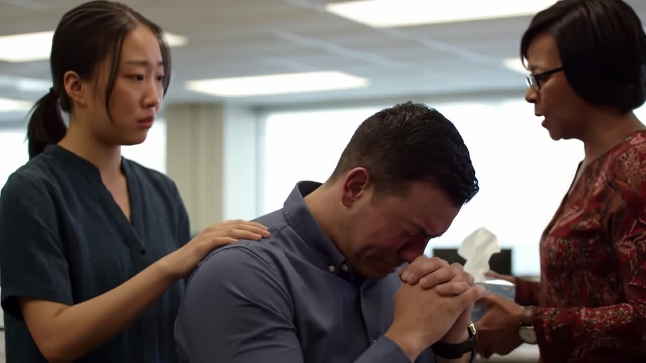 In a modern office setting, a female coworker offers comfort to a male colleague who is visibly upset and distressed. Their interaction highlights workplace empathy and support.