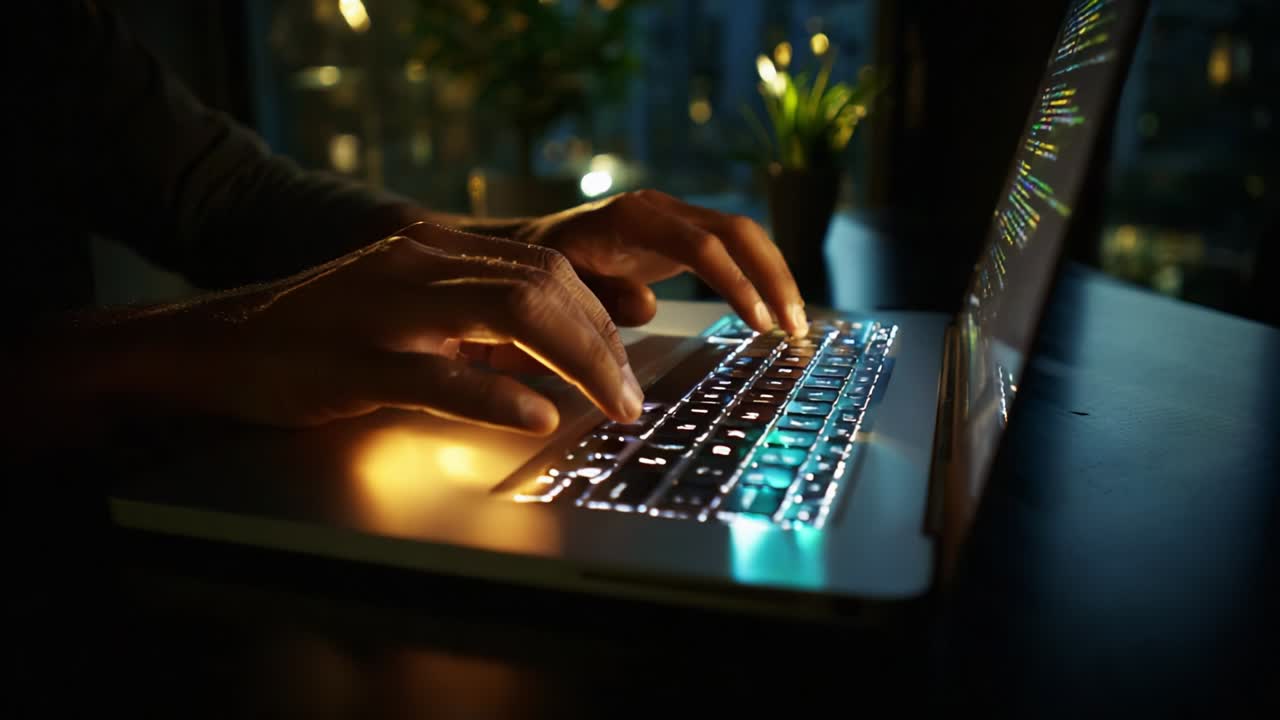 An Engrossing Evening of Coding: Illuminated Laptop Keyboard Captures the Art of Programming as Hands Dance Over Keys, Highlighting the Focus and Creativity of the User in a Cozy Atmosphere