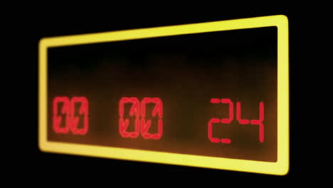 animazione di un timer di conto alla rovescia tremante: numeri lcd rossi che scendono a zero su un grande display