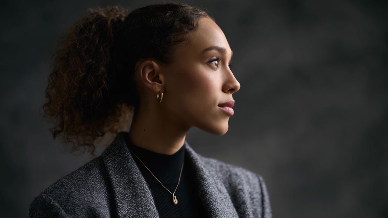 A Captivating Portrait: An Introspective Young Woman with Curly Hair Posing Elegantly in Studio Lighting, Showcasing Her Profile and Inner Strength