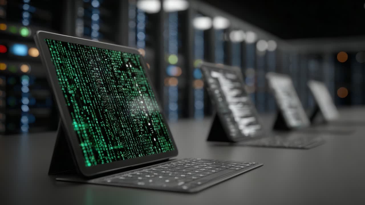 Advanced Technology Showcase: An Array of Digital Tablets Displaying Complex Data Patterns in a High-Tech Server Environment
