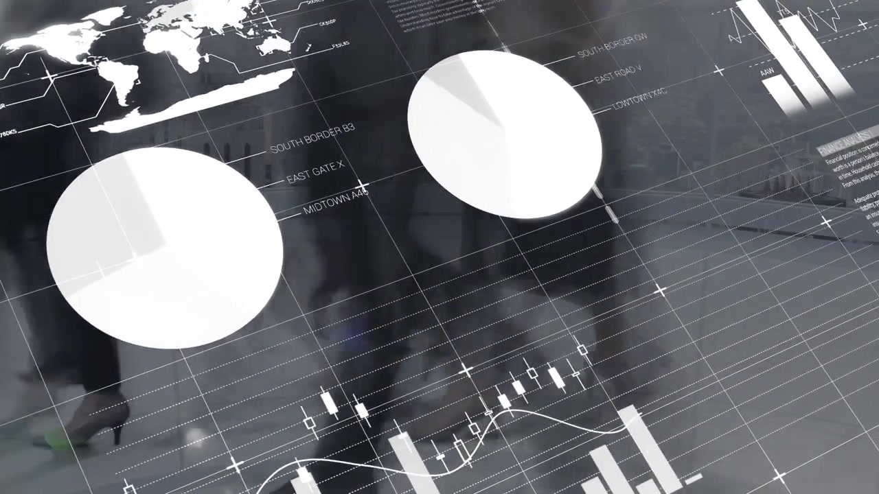Animatie van statistische gegevensverwerking over time-lapse van onderlichaam van mensen die op kantoor lopen