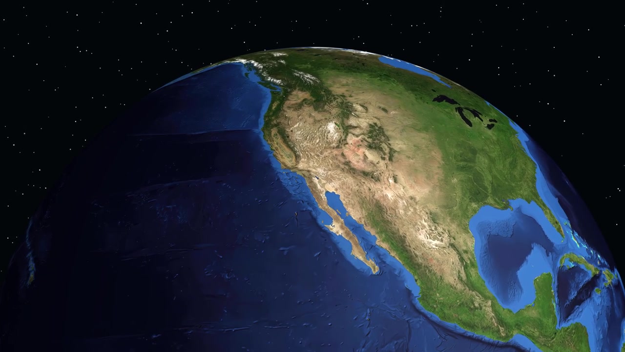 Un globo 3D ruota e zooma dallo spazio su Anaheim, California, con sovrapposizione di dati.
