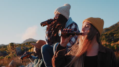 group of friends drinking together making toast hanging out in beautiful countryside enjoying sunset