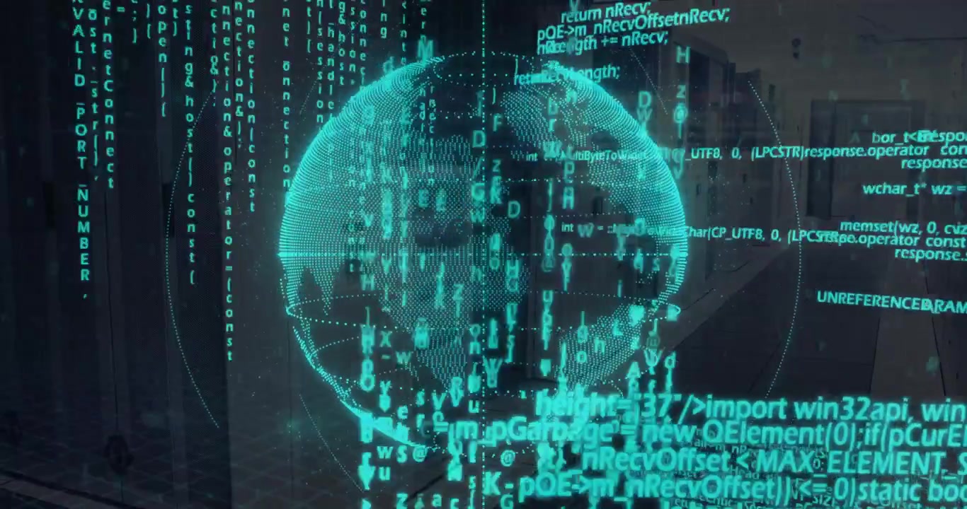 On code streaming wireframe globe rotating with orbital rings materializing showing data flow