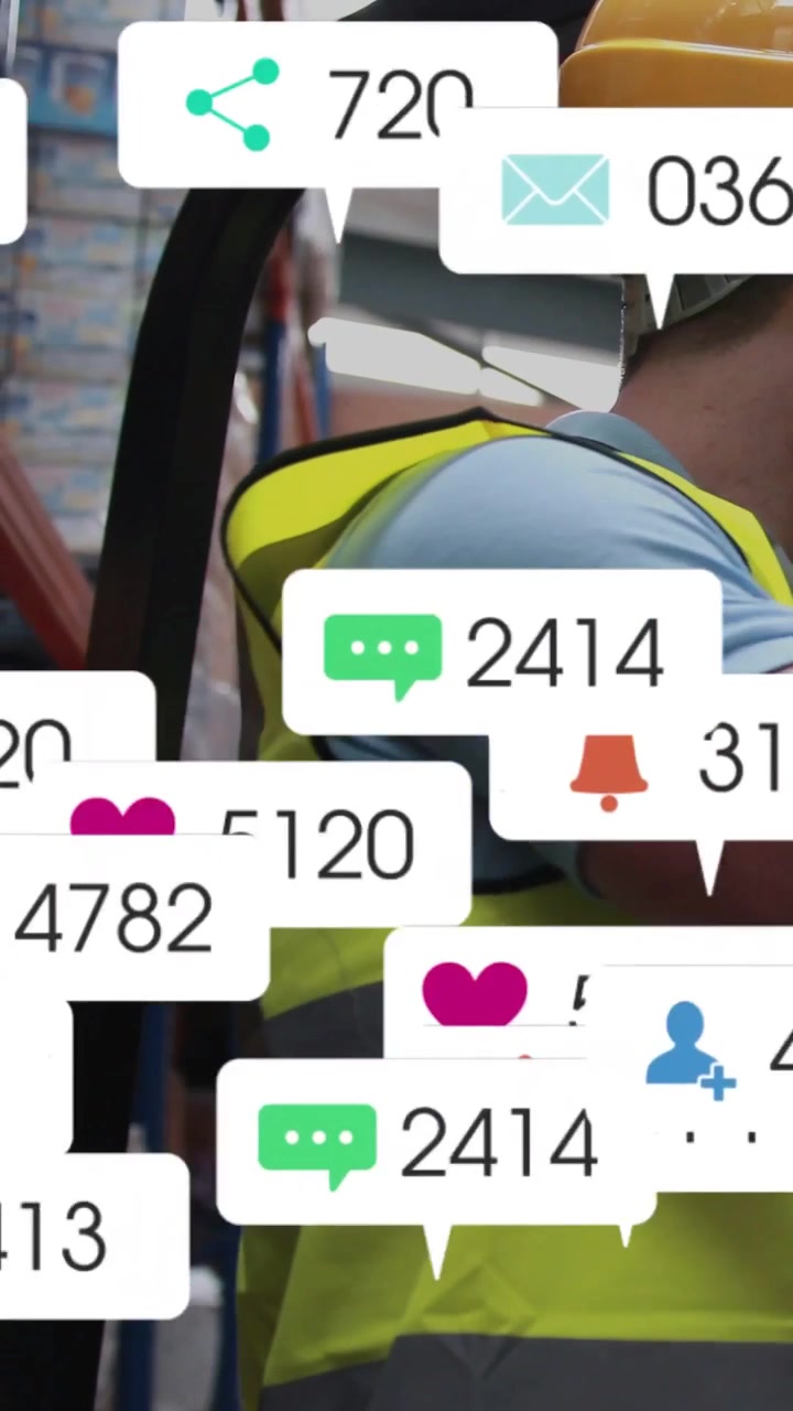 Vertical video: Warehouse worker checking forklift guard while receiving alerts, icons multiplying